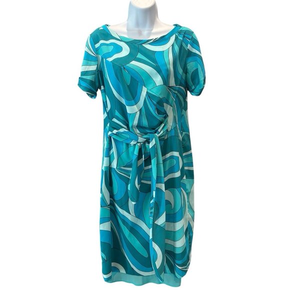 Donna Morgan Size 6 Swirl Print Dress | Turquoise Teal Blue | Belted Psychedelic - Picture 1 of 6